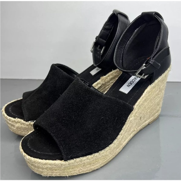 Steven Madden Jyia Platform Espradille Black Suede Wedges Displays Sz 9.5M NWOB - Picture 2 of 10